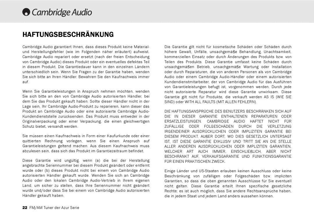 Cambridge Audio 340T user manual Haftungsbeschränkung 