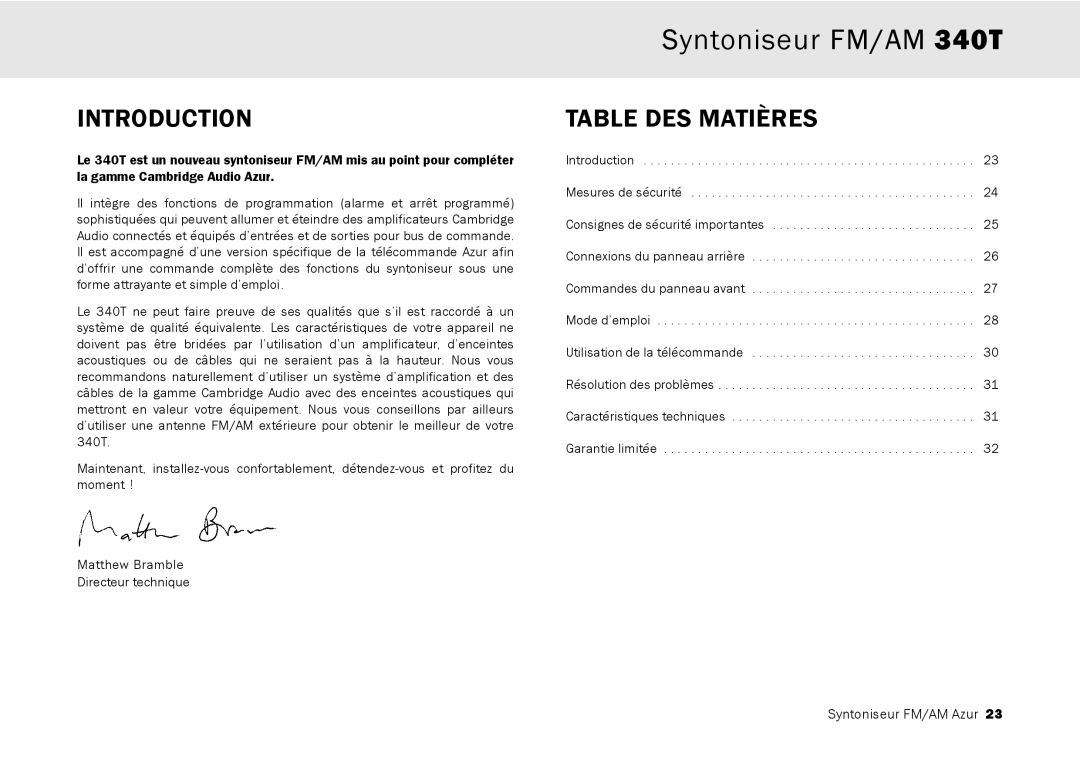 Cambridge Audio user manual Syntoniseur FM/AM 340T, Table DES Matières 