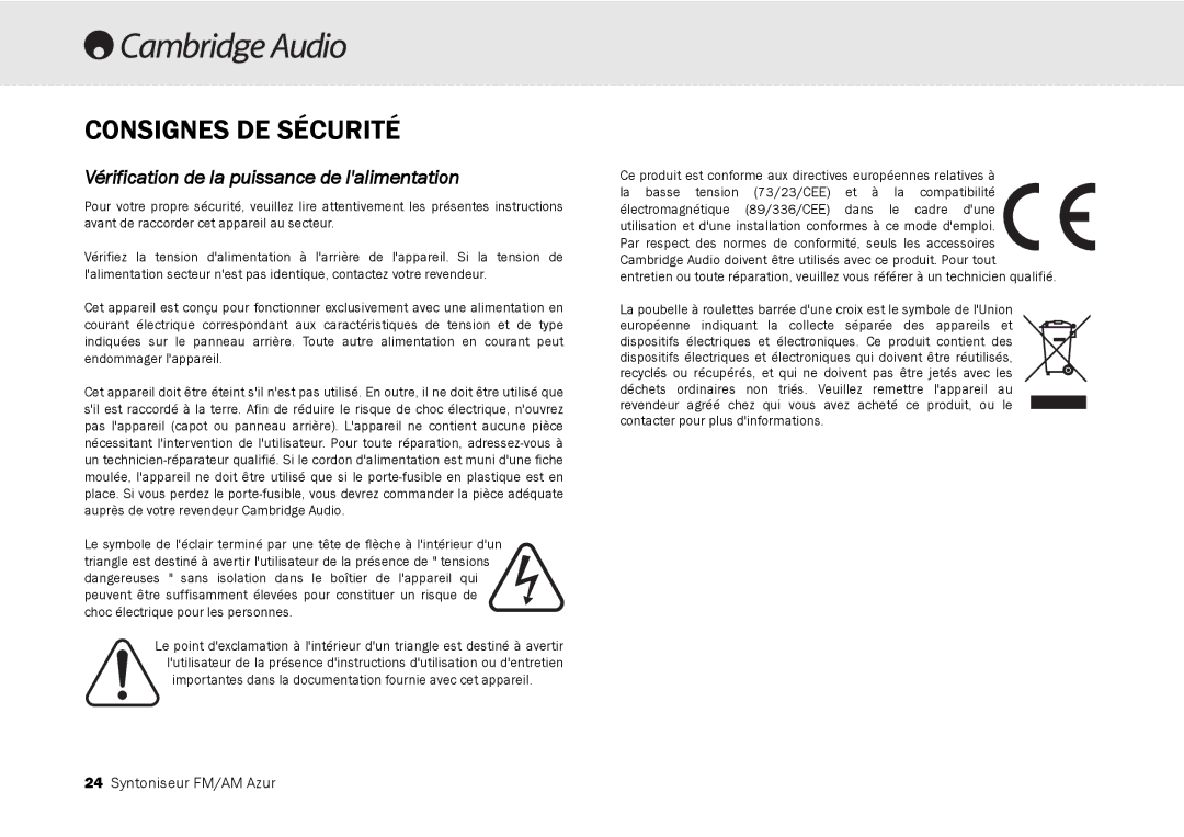 Cambridge Audio 340T user manual Consignes DE Sécurité, Vérification de la puissance de lalimentation 