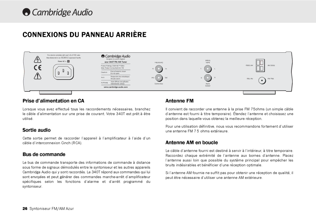 Cambridge Audio 340T user manual Connexions DU Panneau Arrière 