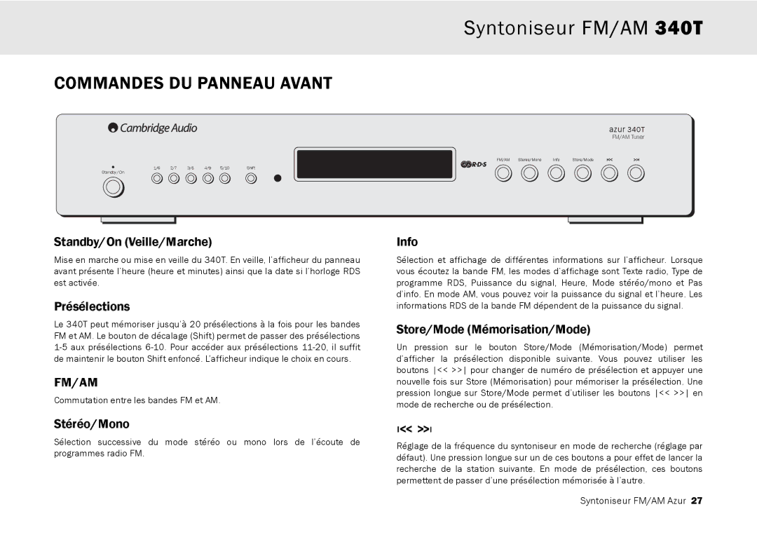 Cambridge Audio 340T user manual Commandes DU Panneau Avant, Standby/On Veille/Marche, Présélections, Stéréo/Mono 