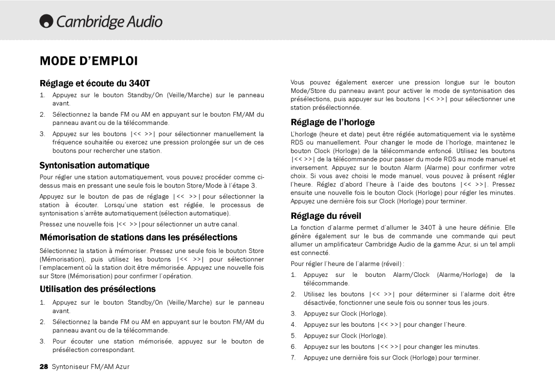 Cambridge Audio 340T user manual Mode D’EMPLOI 