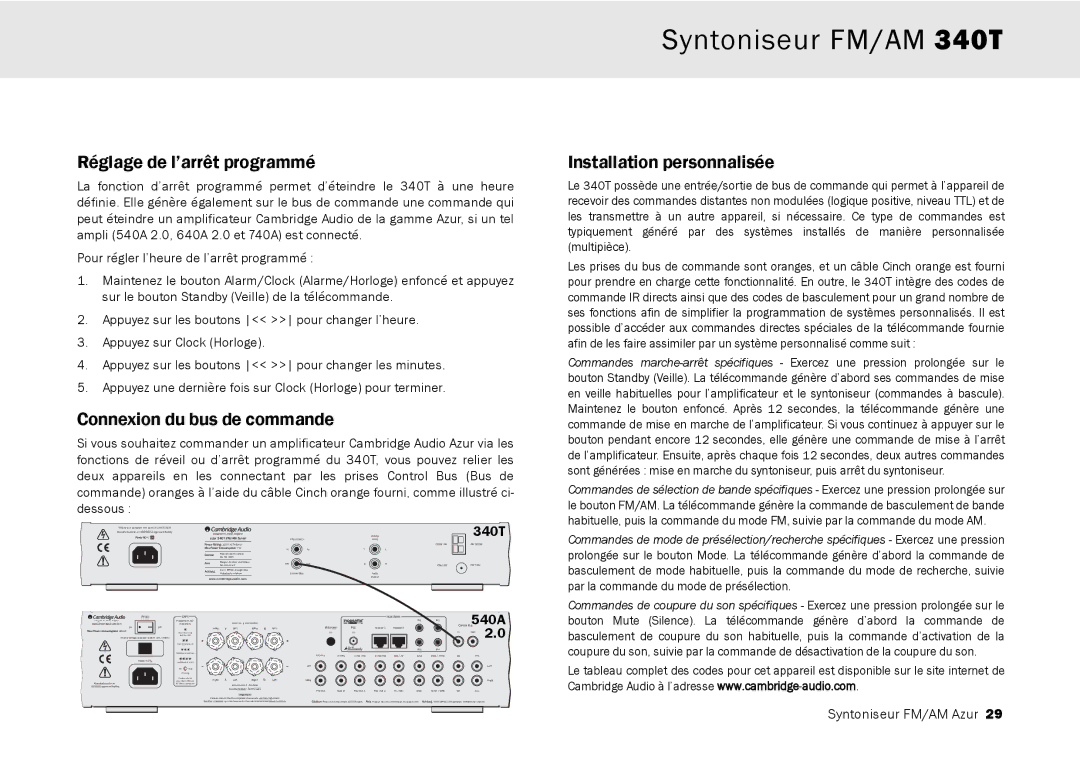 Cambridge Audio 340T user manual Réglage de l’arrêt programmé, Connexion du bus de commande, Installation personnalisée 