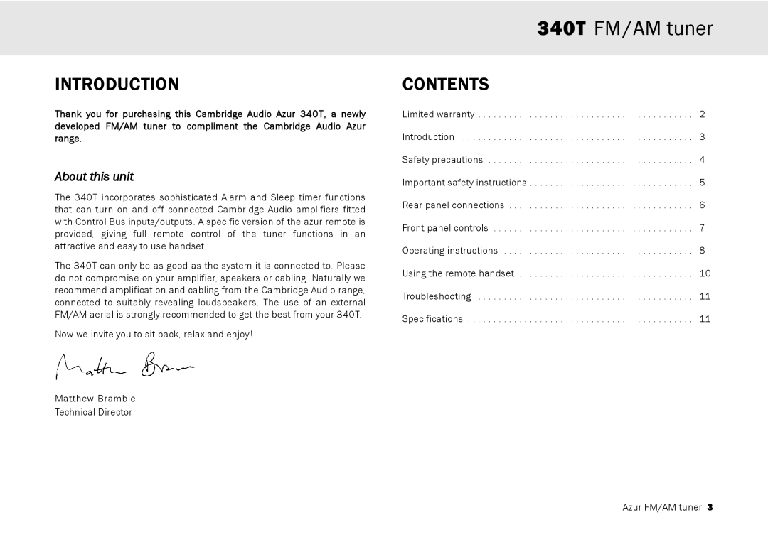 Cambridge Audio 340T user manual Introduction, Contents 