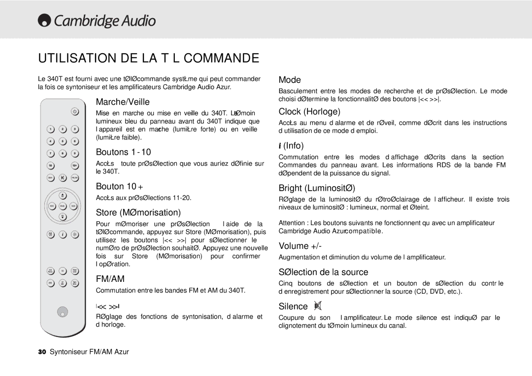 Cambridge Audio 340T user manual Utilisation DE LA Télécommande 