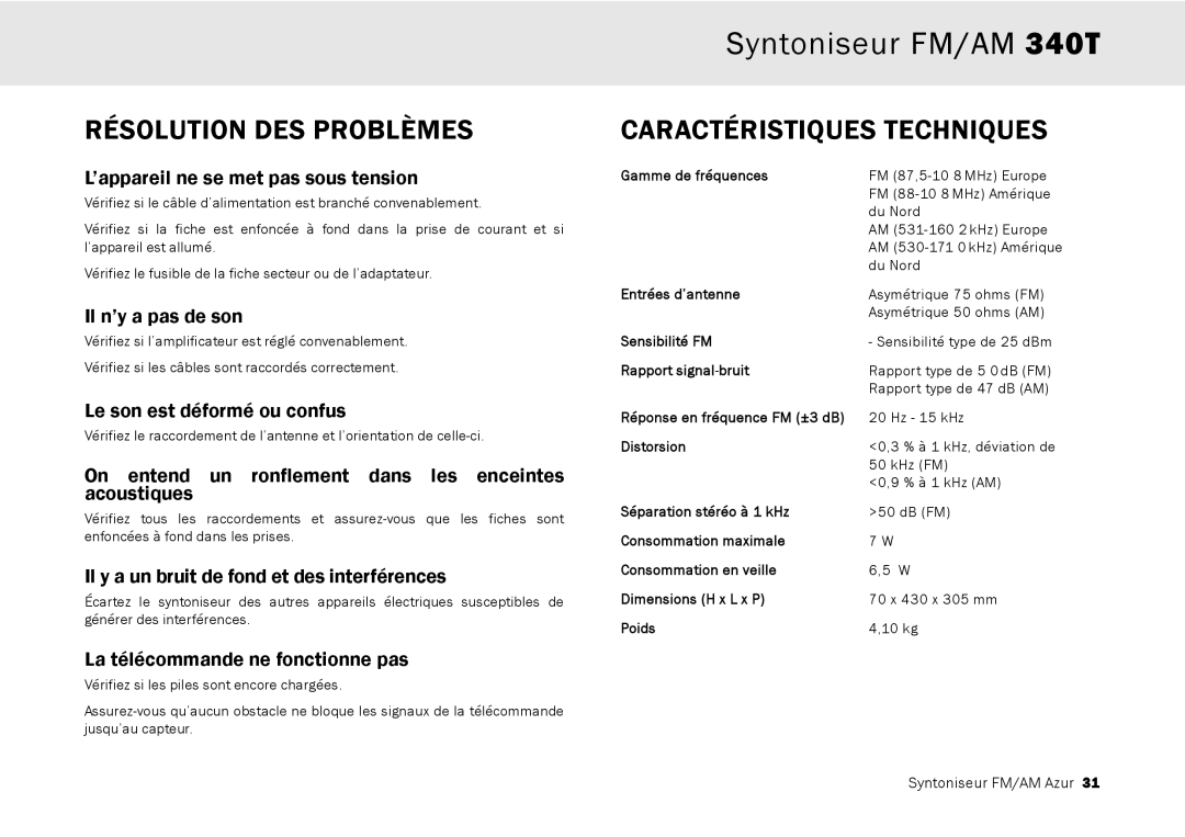 Cambridge Audio 340T user manual Résolution DES Problèmes, Caractéristiques Techniques 