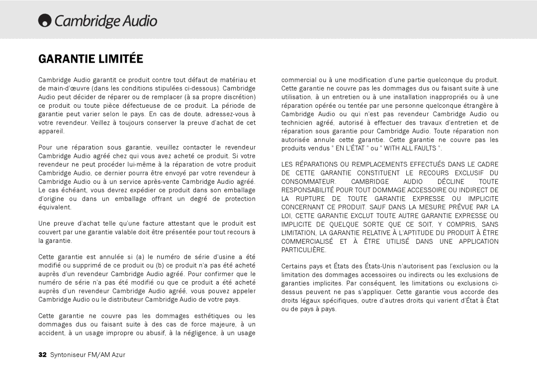 Cambridge Audio user manual Syntoniseur FM/AM Azur 340T, Garantie Limitée 