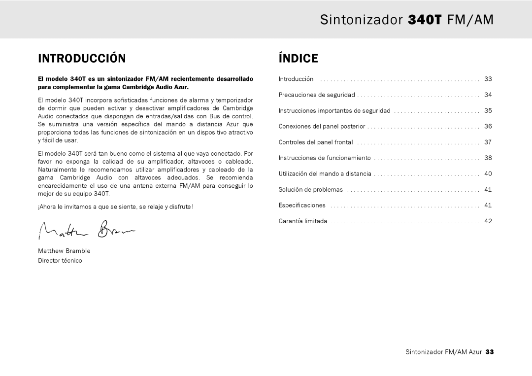 Cambridge Audio 340T user manual Introducción, Índice 