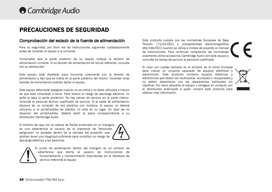 Cambridge Audio 340T user manual Precauciones DE Seguridad, Comprobación del estado de la fuente de alimentación 