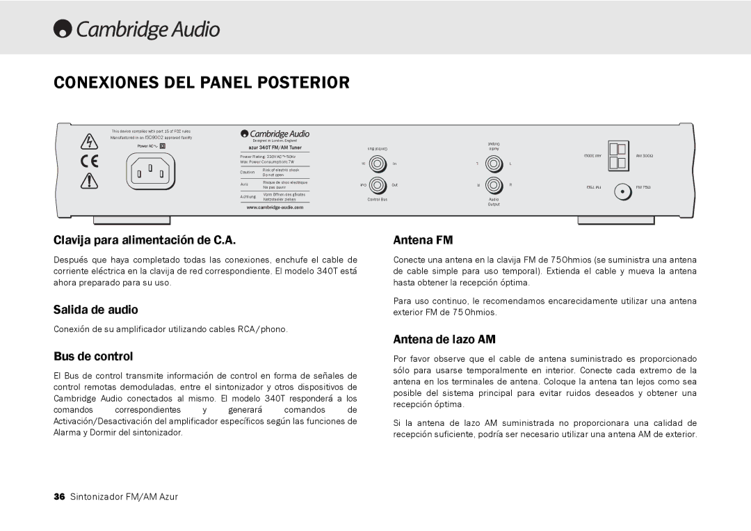 Cambridge Audio 340T user manual Conexiones DEL Panel Posterior 