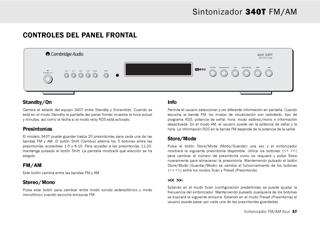 Cambridge Audio 340T user manual Controles DEL Panel Frontal, Presintonías 