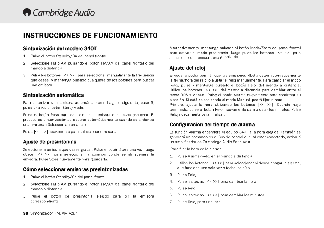 Cambridge Audio 340T user manual Instrucciones DE Funcionamiento 