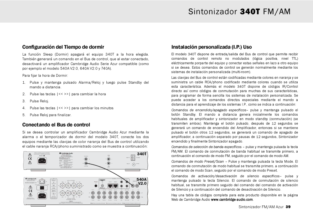 Cambridge Audio 340T Configuración del Tiempo de dormir, Conectando el Bus de control, Instalación personalizada I.P. Uso 