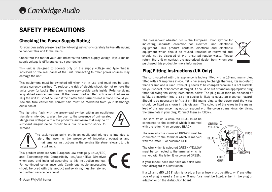 Cambridge Audio 340T user manual Safety Precautions, Checking the Power Supply Rating, Plug Fitting Instructions UK Only 