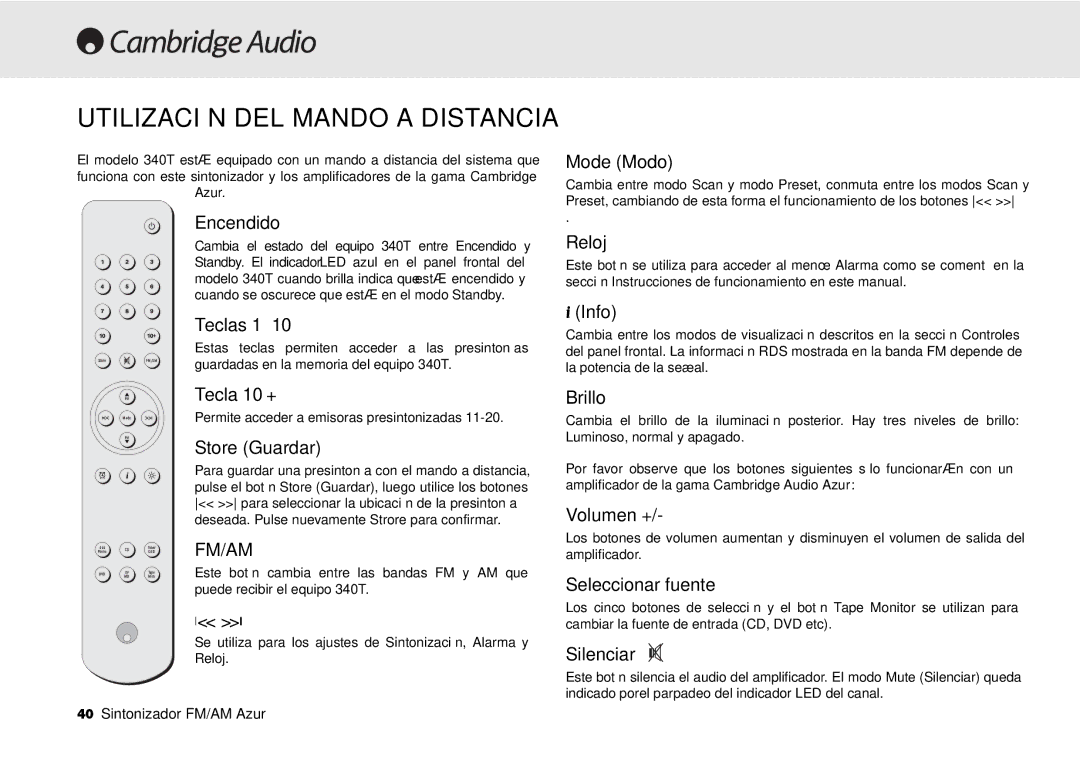 Cambridge Audio 340T user manual Utilización DEL Mando a Distancia 