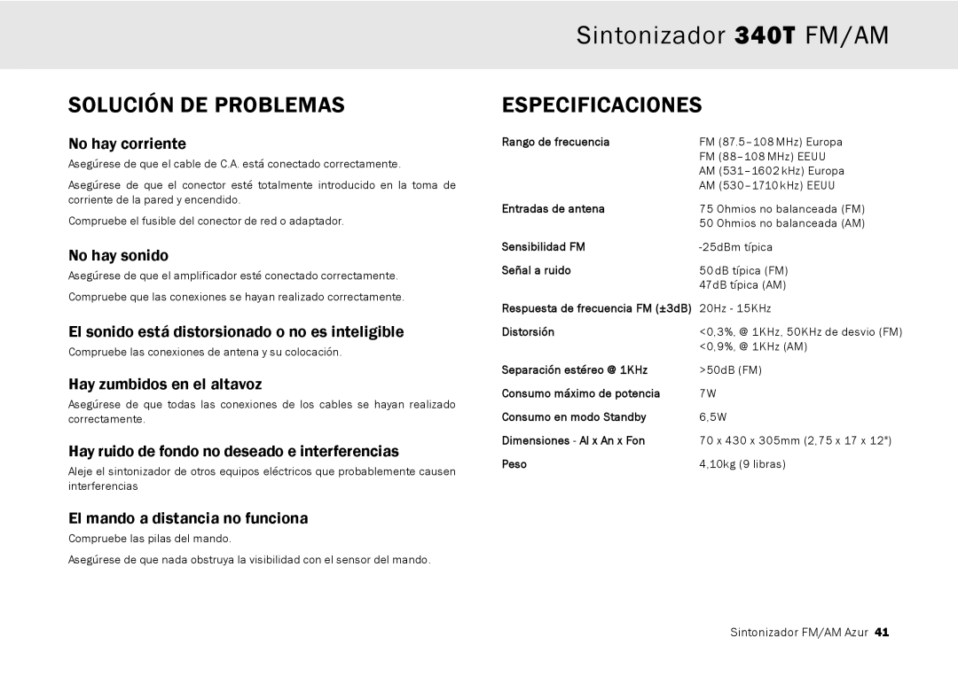 Cambridge Audio 340T user manual Solución DE Problemas, Especificaciones 