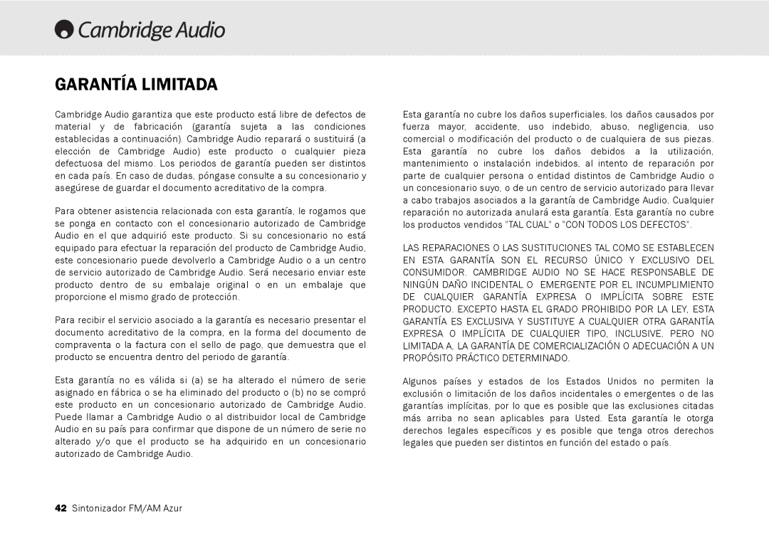 Cambridge Audio user manual Sintonizador FM/AM Azur 340T, Garantía Limitada 