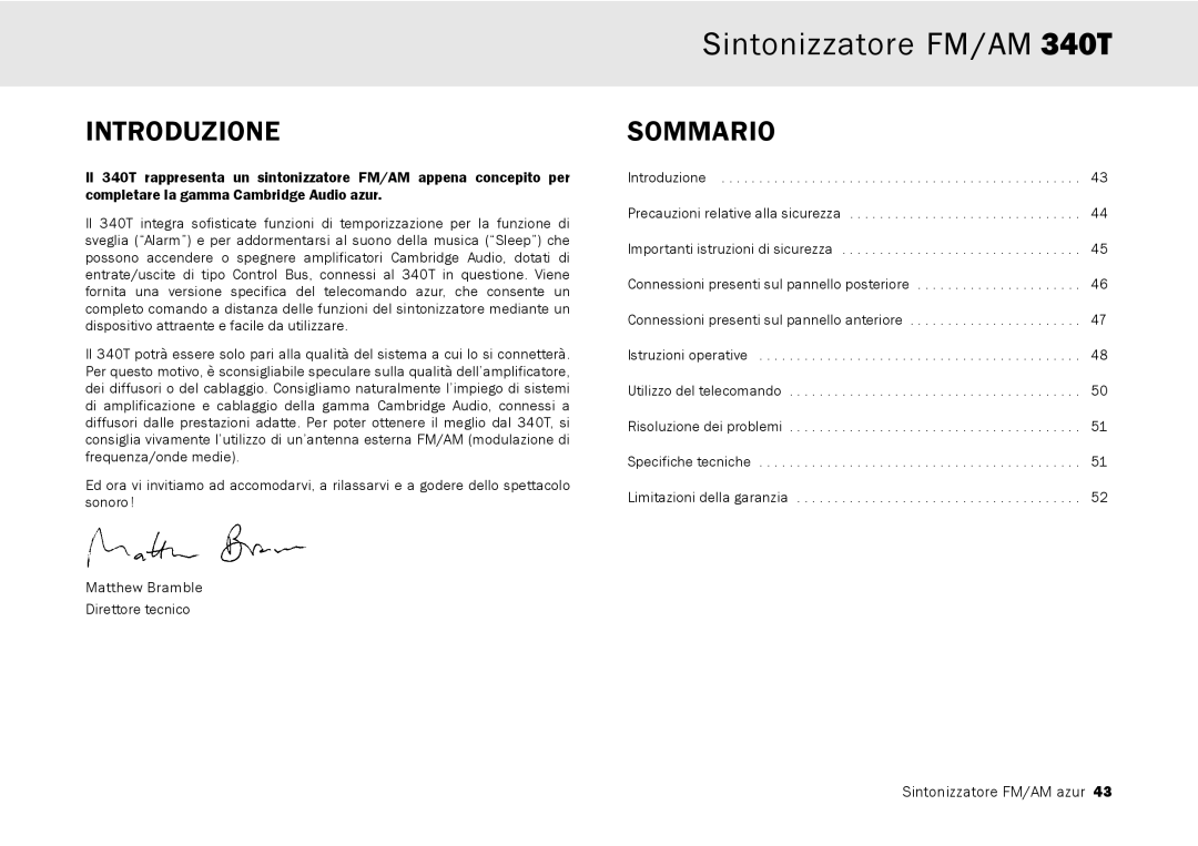 Cambridge Audio 340T user manual Introduzione, Sommario 