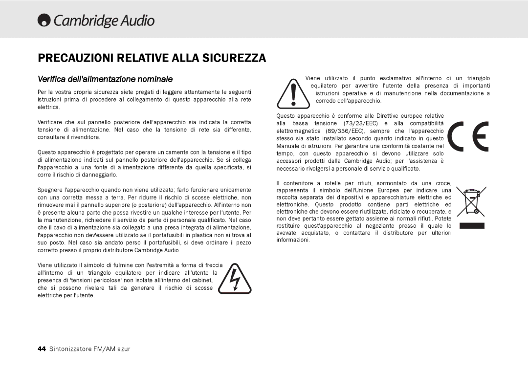 Cambridge Audio 340T user manual Precauzioni Relative Alla Sicurezza, Verifica dellalimentazione nominale 