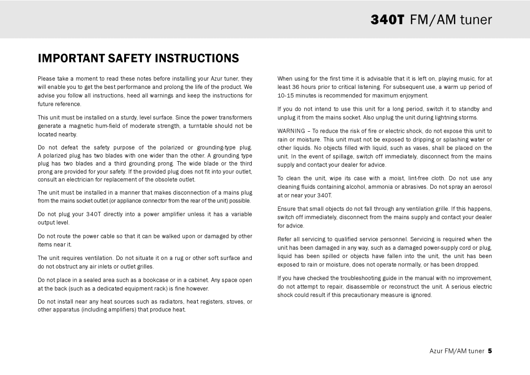 Cambridge Audio 340T user manual Important Safety Instructions 