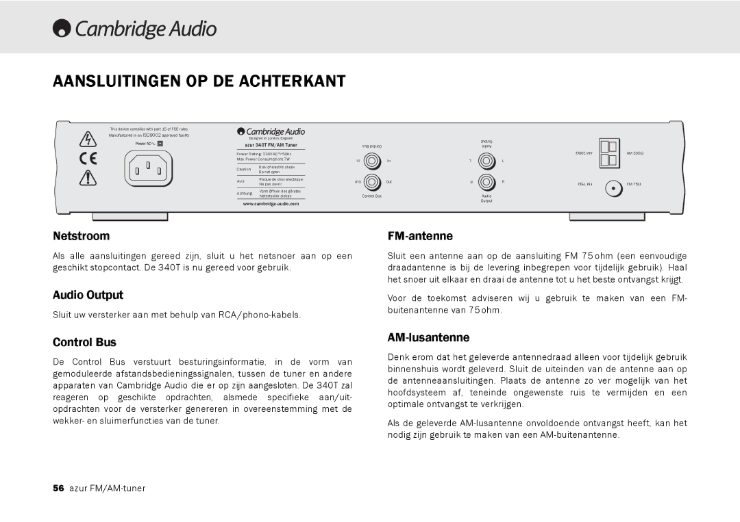 Cambridge Audio 340T user manual Aansluitingen OP DE Achterkant, Netstroom, FM-antenne, AM-lusantenne 