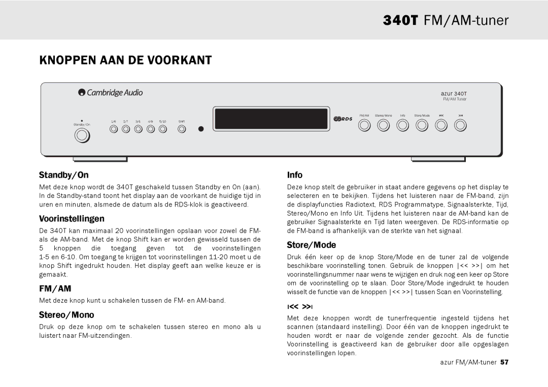 Cambridge Audio 340T user manual Knoppen AAN DE Voorkant, Voorinstellingen 