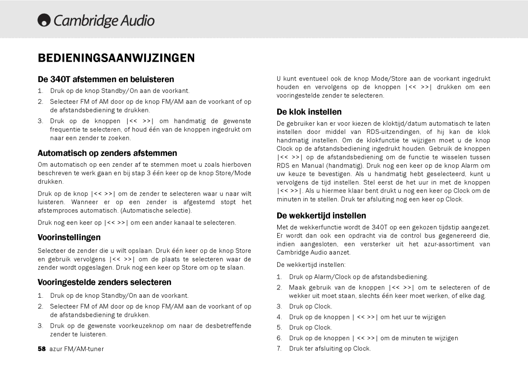 Cambridge Audio 340T user manual Bedieningsaanwijzingen 