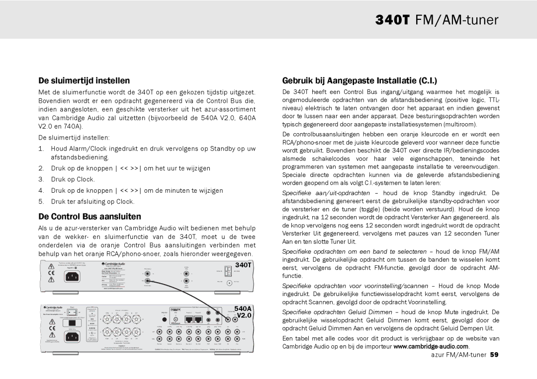 Cambridge Audio 340T De sluimertijd instellen, De Control Bus aansluiten, Gebruik bij Aangepaste Installatie C.I 