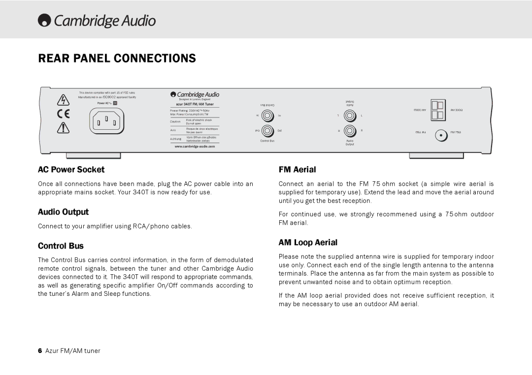 Cambridge Audio 340T user manual Rear Panel Connections 