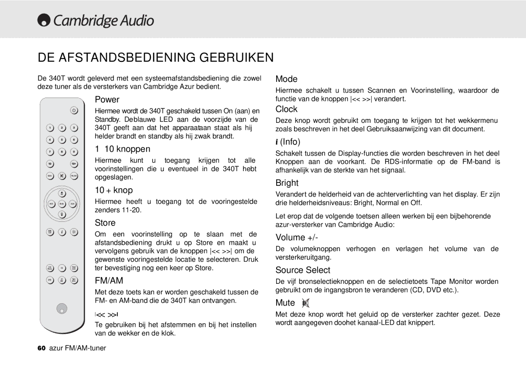 Cambridge Audio 340T user manual DE Afstandsbediening Gebruiken, Knoppen, 10 + knop, Store 