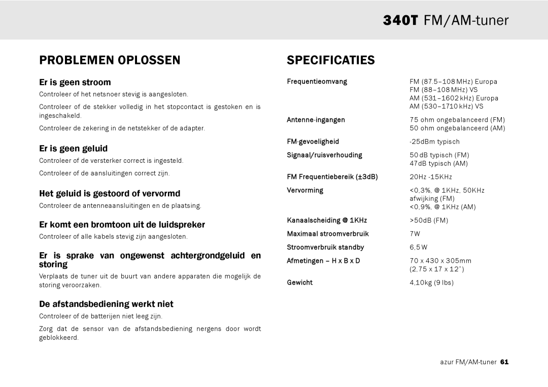 Cambridge Audio 340T user manual Problemen Oplossen, Specificaties 