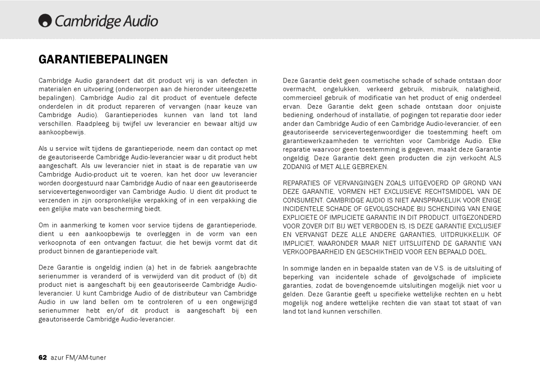 Cambridge Audio 340T user manual Garantiebepalingen 