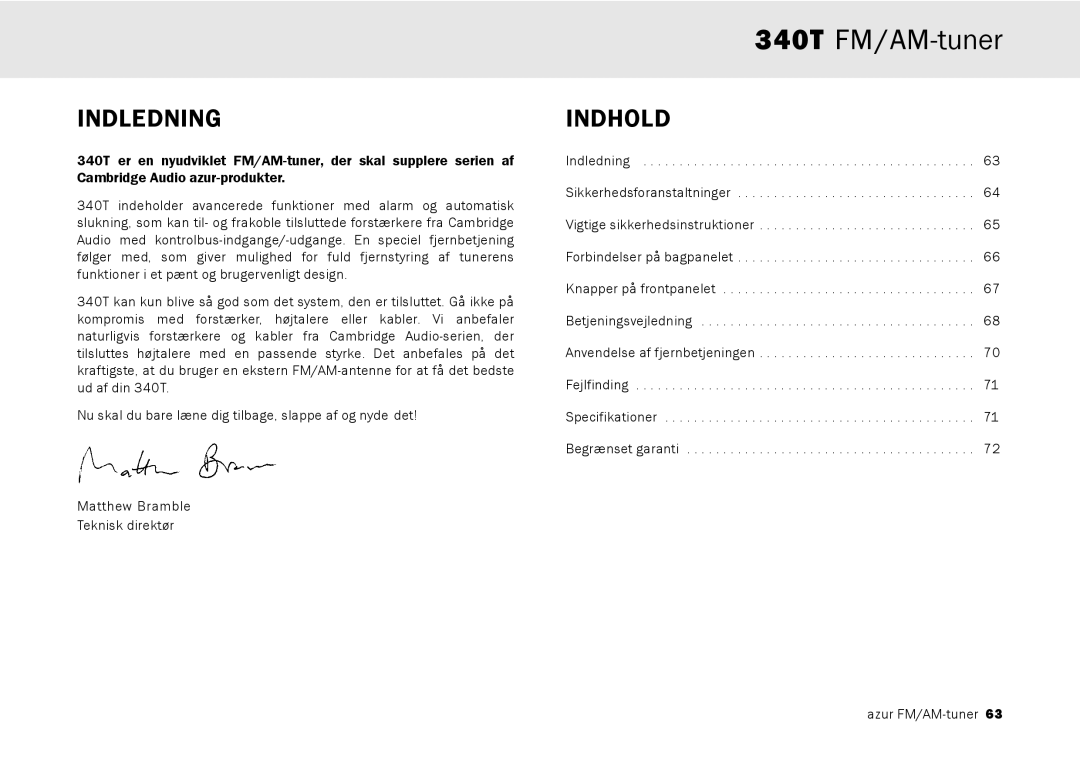 Cambridge Audio 340T user manual Indledning, Indhold 