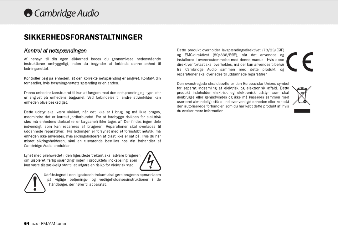 Cambridge Audio 340T user manual Sikkerhedsforanstaltninger, Kontrol af netspændingen 