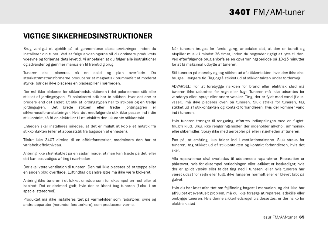 Cambridge Audio 340T user manual Vigtige Sikkerhedsinstruktioner 