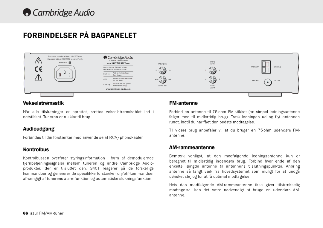 Cambridge Audio 340T user manual Forbindelser PÅ Bagpanelet, Vekselstrømsstik, Audioudgang, Kontrolbus, AM-rammeantenne 