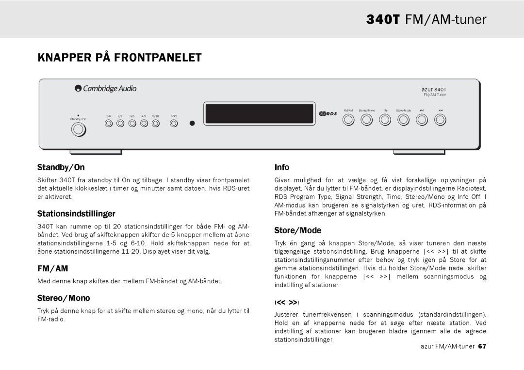 Cambridge Audio 340T user manual Knapper PÅ Frontpanelet, Stationsindstillinger 