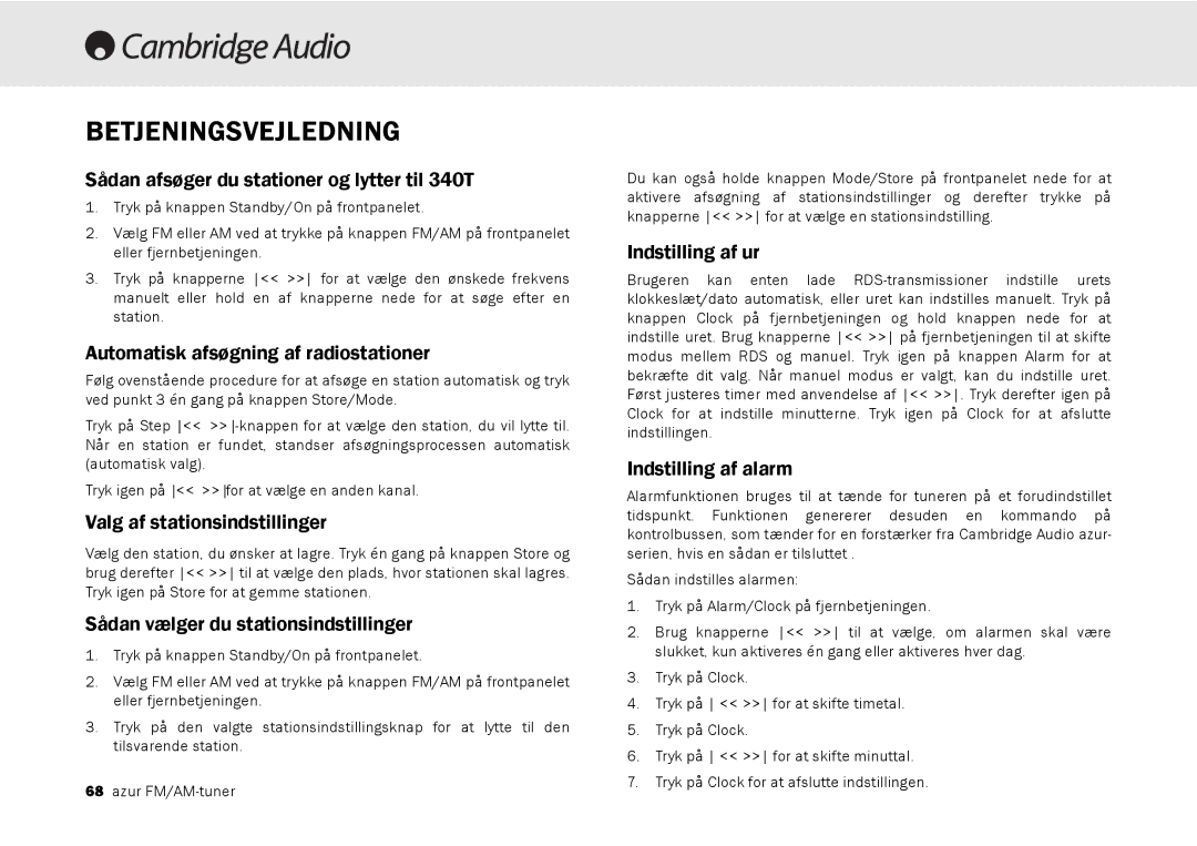 Cambridge Audio 340T user manual Betjeningsvejledning 