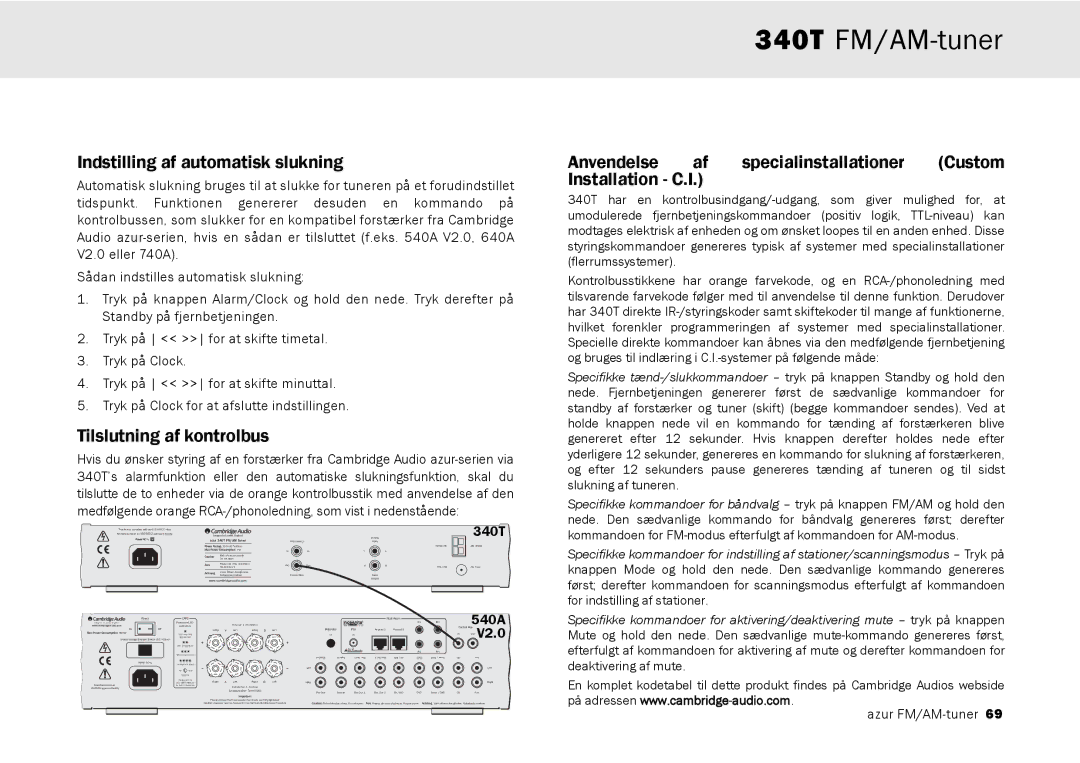 Cambridge Audio 340T user manual Indstilling af automatisk slukning, Tilslutning af kontrolbus 