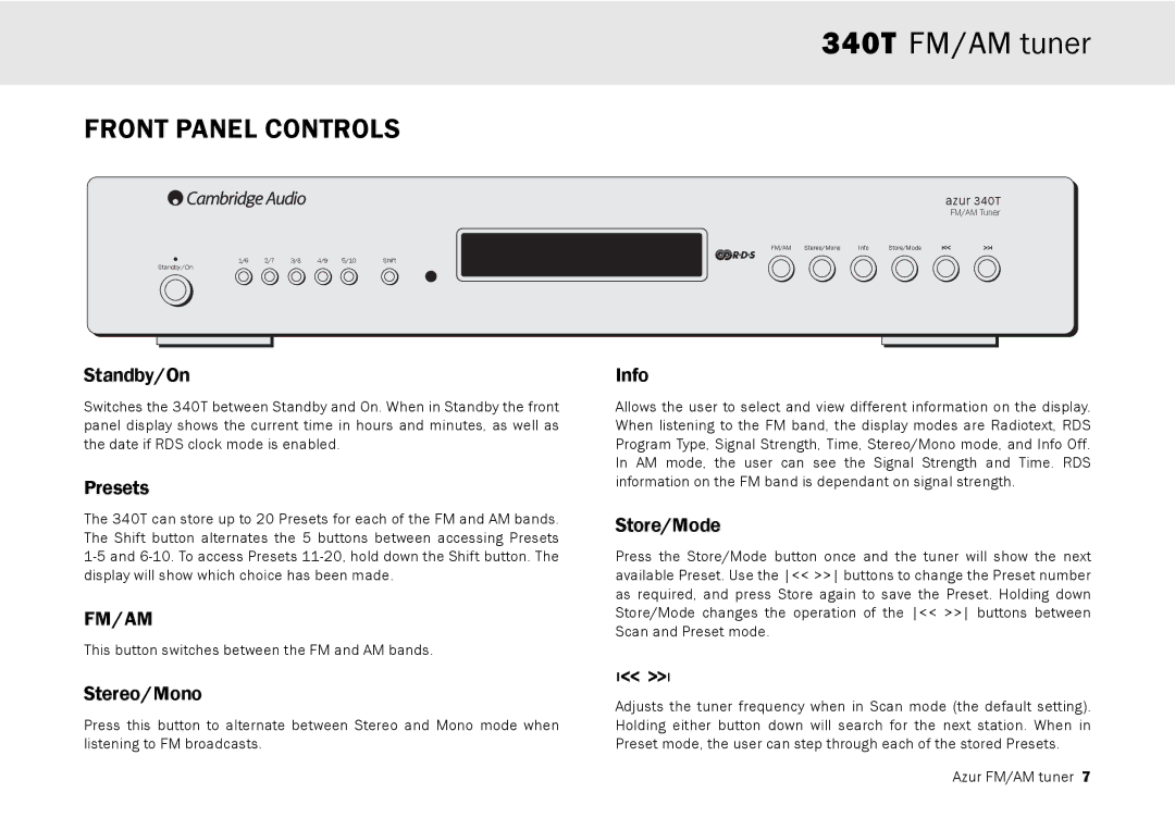 Cambridge Audio 340T user manual Front Panel Controls 