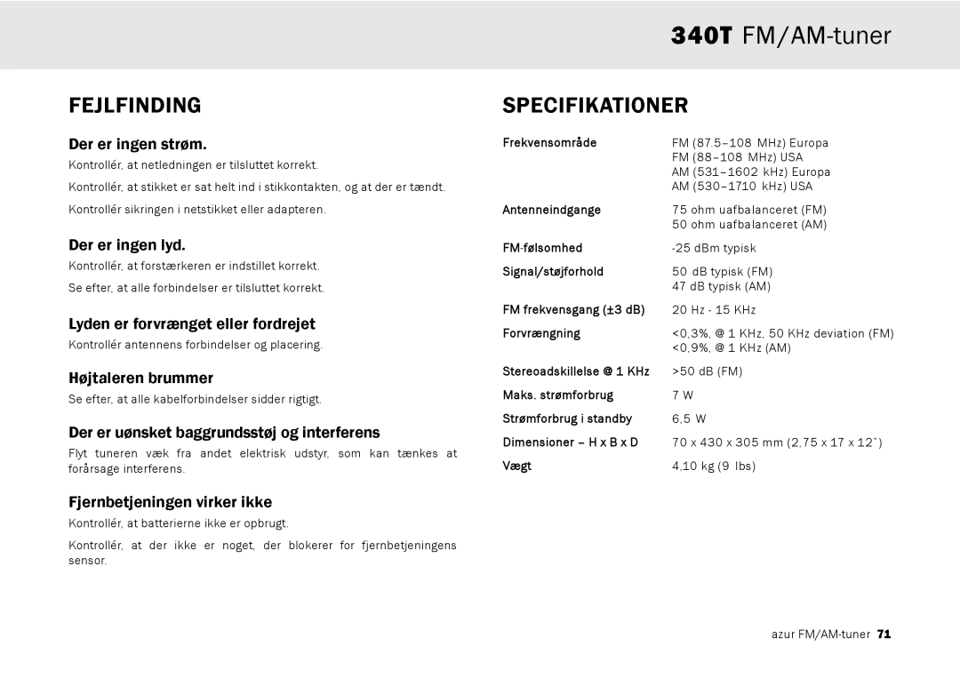 Cambridge Audio 340T user manual Fejlfinding, Specifikationer 