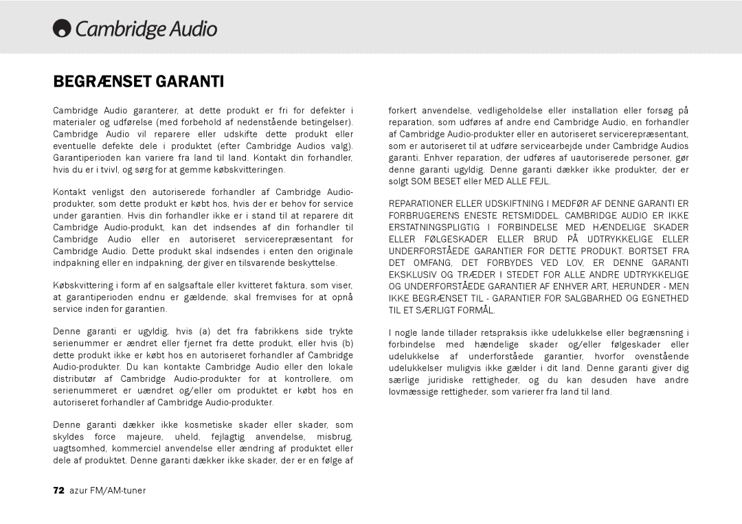 Cambridge Audio 340T user manual Begrænset Garanti 