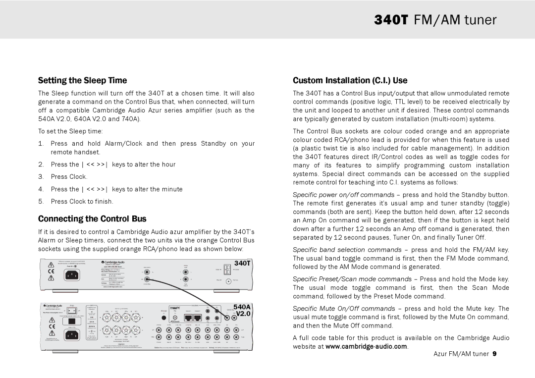 Cambridge Audio 340T user manual Setting the Sleep Time, Connecting the Control Bus, Custom Installation C.I. Use 