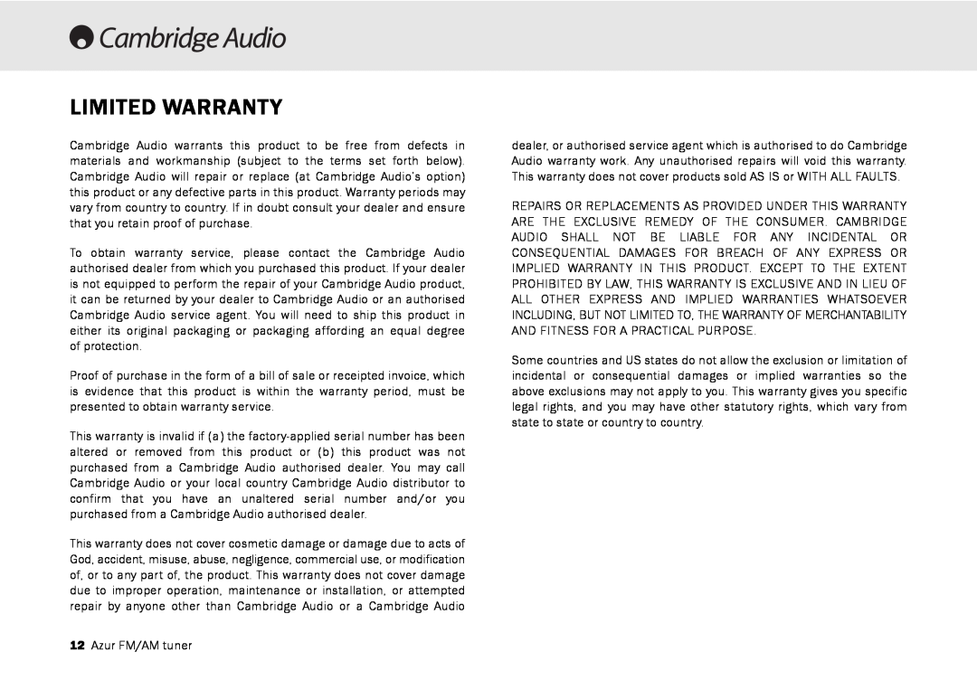 Cambridge Audio 340T user manual Limited Warranty 