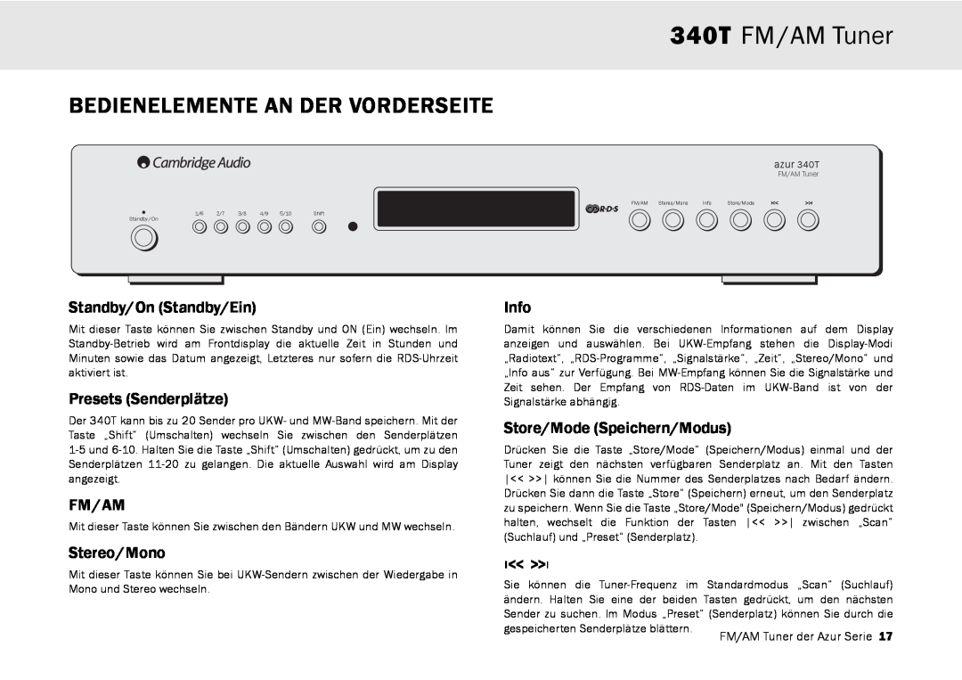 Cambridge Audio Bedienelemente An Der Vorderseite, 340T FM/AM Tuner, Standby/On Standby/Ein, Presets Senderplätze, Info 