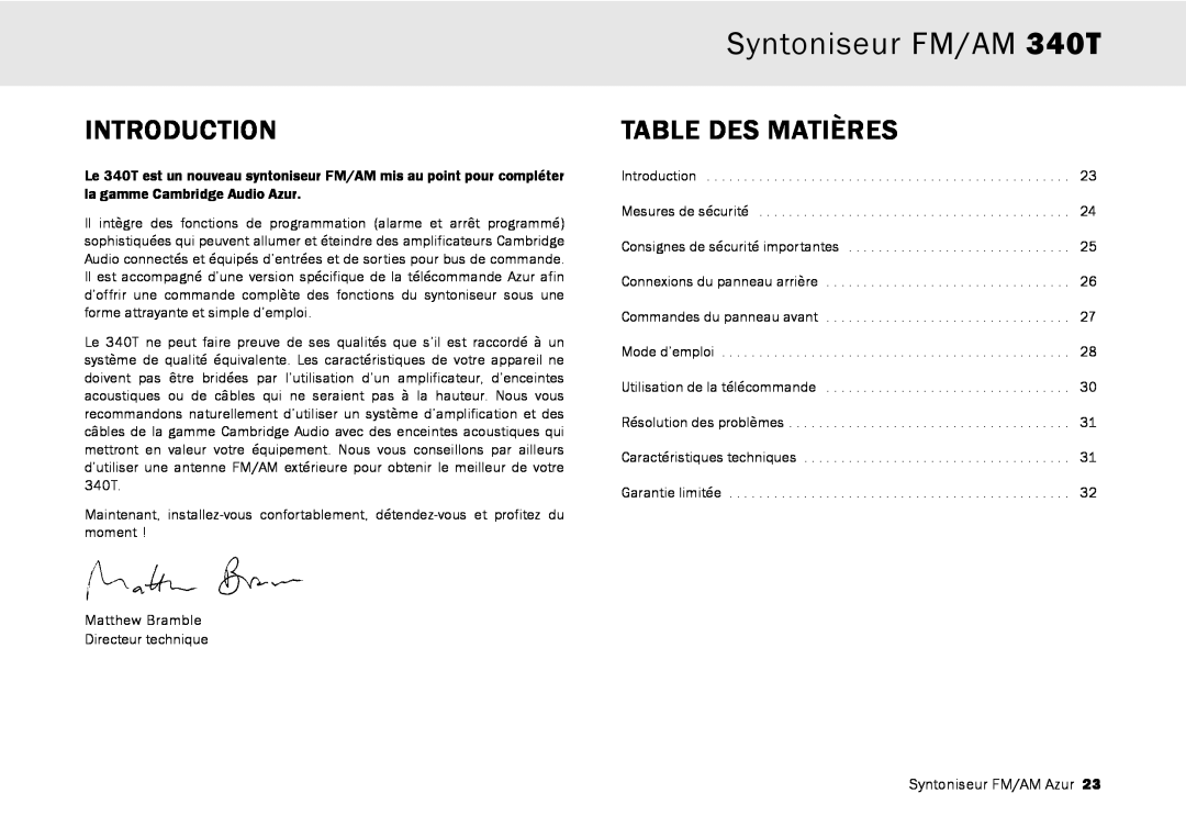 Cambridge Audio user manual Syntoniseur FM/AM 340T, Table Des Matières, Introduction 