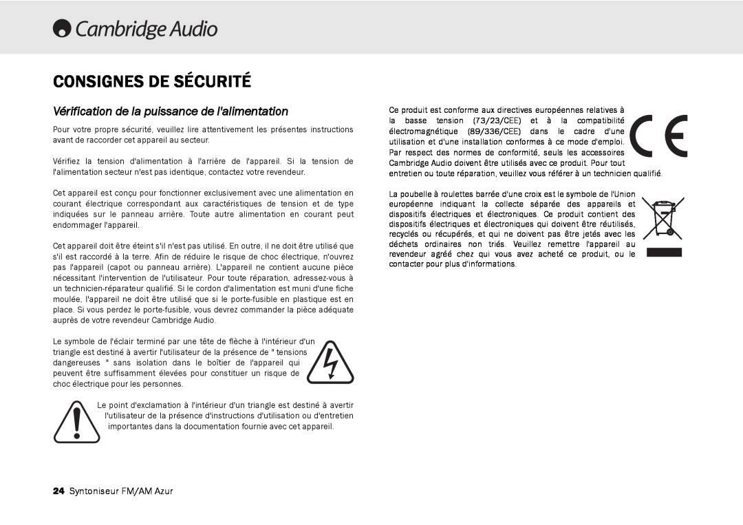 Cambridge Audio 340T user manual Consignes De Sécurité, Vérification de la puissance de lalimentation 