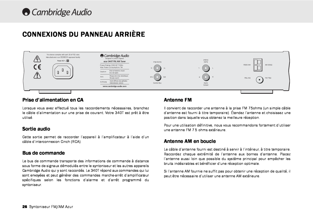 Cambridge Audio 340T Connexions Du Panneau Arrière, Prise d’alimentation en CA, Antenne FM, Sortie audio, Bus de commande 