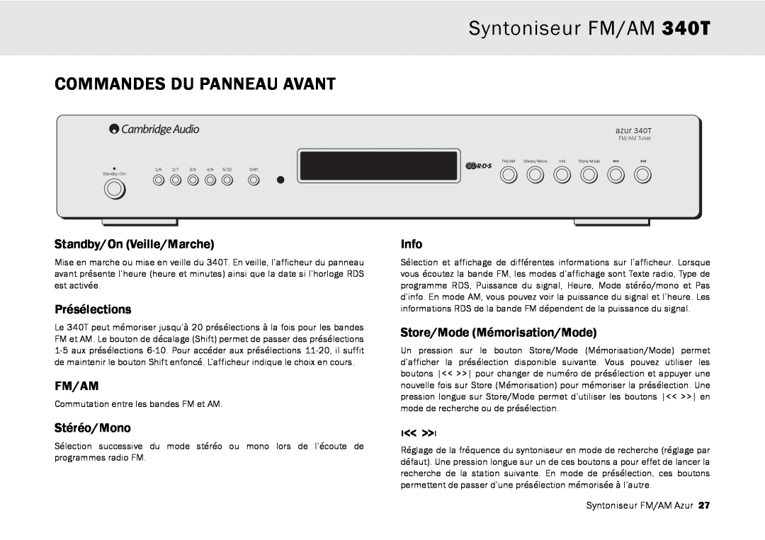 Cambridge Audio Commandes Du Panneau Avant, Syntoniseur FM/AM 340T, Standby/On Veille/Marche, Présélections, Fm/Am 