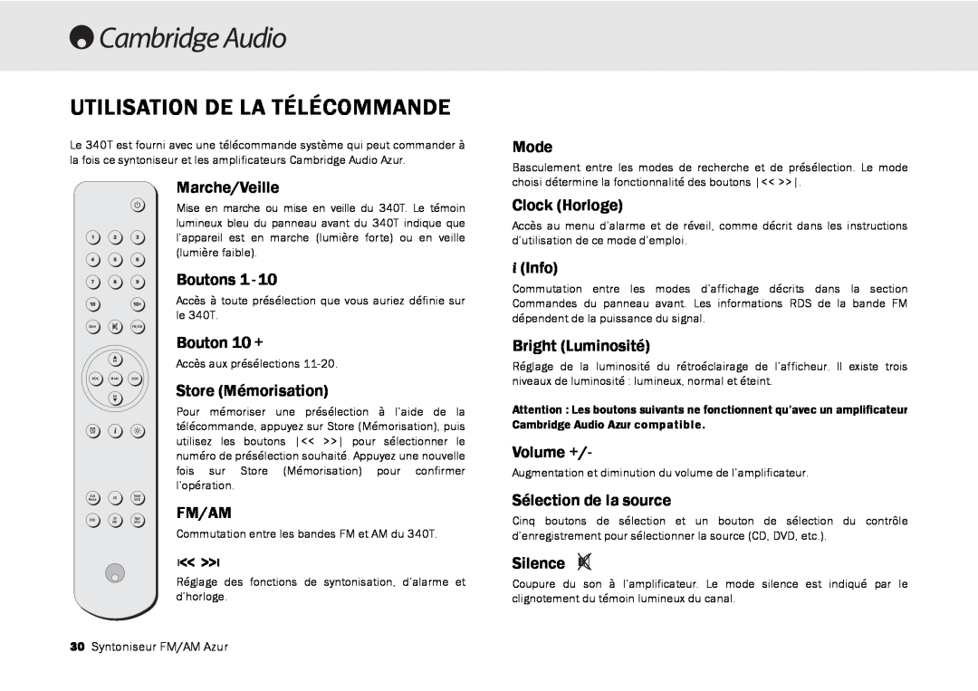 Cambridge Audio 340T user manual Utilisation De La Télécommande, Fm/Am 